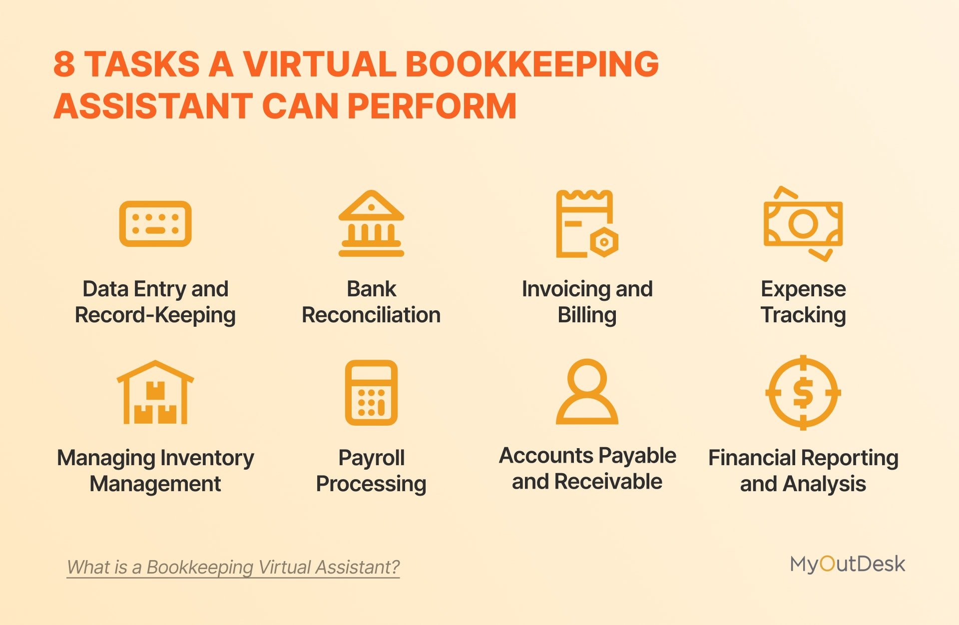 8 Tasks a Virtual Bookkeeping Assistant Can Perform 8 tasks a bookkeeping virtual assistant can perform: data entry, reconciliation, invoicing, expense tracking, inventory management, payroll processing, accounts payable and receivable, and reporting