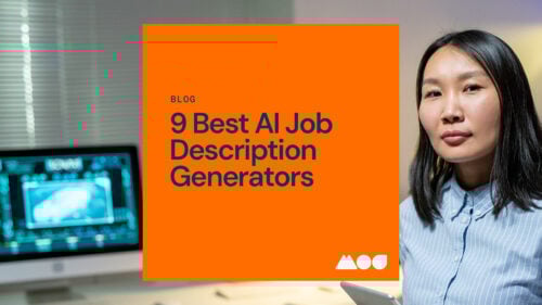 A woman stands next to a large orange square displaying the text, Blog: 9 Best AI Job Description Generators, highlighting top AI job description generator tools with a computer and digital screen in the background.