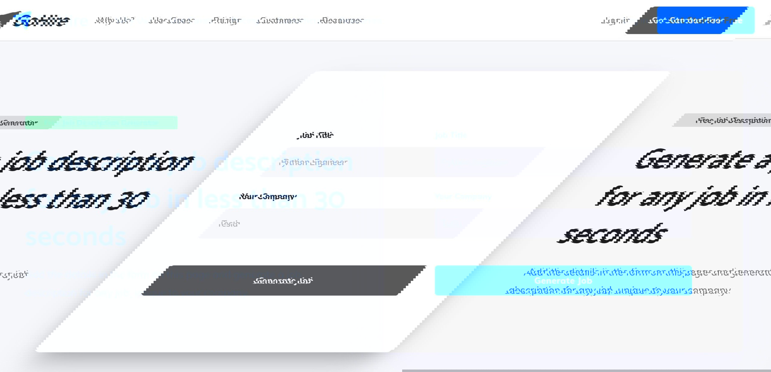 A web page from GoHire displays a section to generate a job description. It features a form for job title and company, highlights healthcare virtual assistants, and includes a Generate Job button plus a banner labeled Free Job Description Generator.