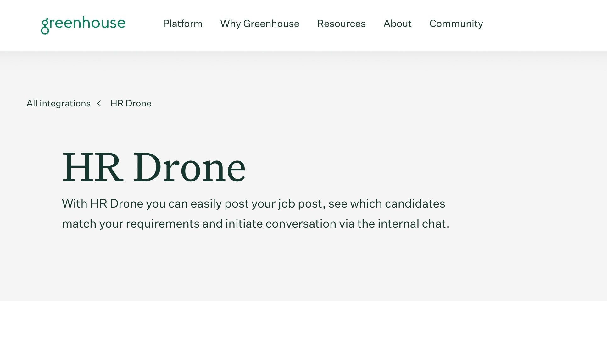 Screenshot of Greenhouse’s HR Drone page, highlighting features like posting job openings, matching candidates to requirements, and starting conversations via an internal chat—ideal for improving workflows with healthcare virtual assistants. Menu links top the page.