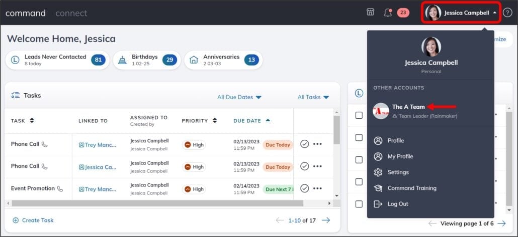 A dashboard displays tasks with priorities and due dates. A profile menu on the right shows Jessica Campbell’s photo, with team and profile options. Jessica Campbell’s name is circled in red, highlighting features of a Best Real Estate CRM Software platform.