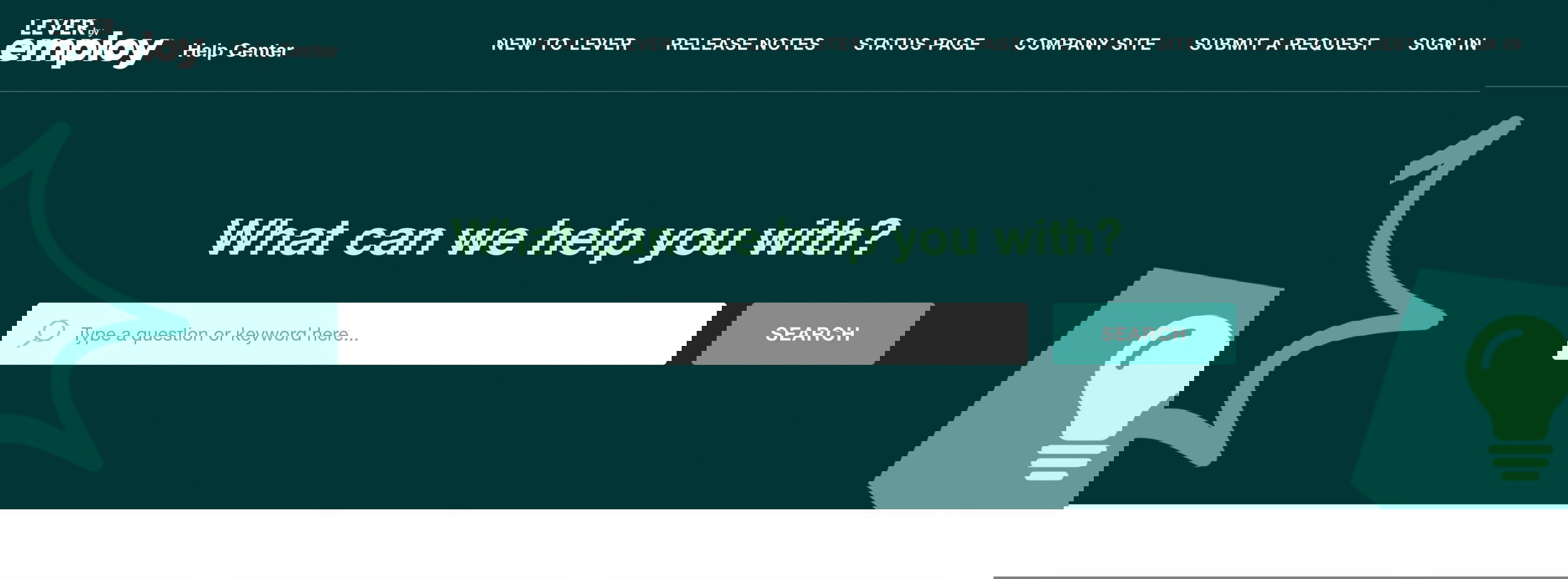 A help center page for healthcare virtual assistants featuring a search bar and the text What can we help you with? on a dark green background, with navigation links and a light bulb icon on the right.