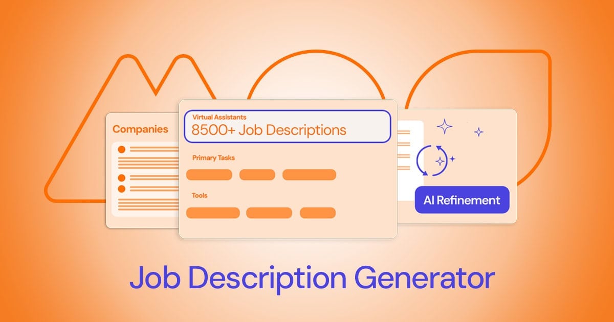 Three illustrated cards with job-related icons and text, including 8500+ Job Descriptions and AI Refinement, appear above the words Job Description Generator on an orange background—ideal for customer service outsourcing companies.
