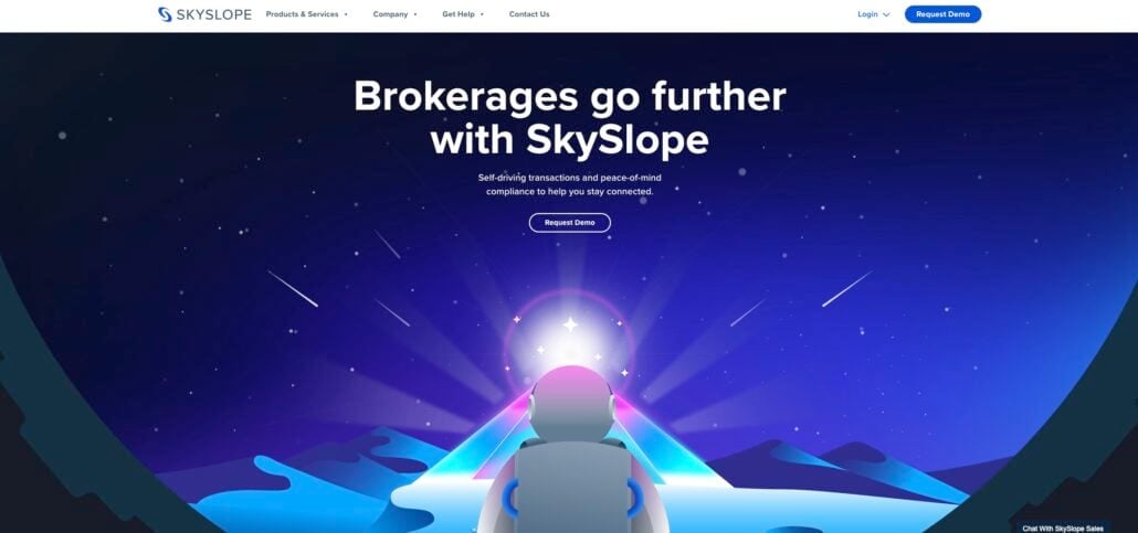 A futuristic animated figure in a spacesuit faces a glowing triangle on a blue, starry landscape. Bold text reads, Brokerages go further with the Best Real Estate CRM, SkySlope. Buttons for Request Demo and navigation are visible.