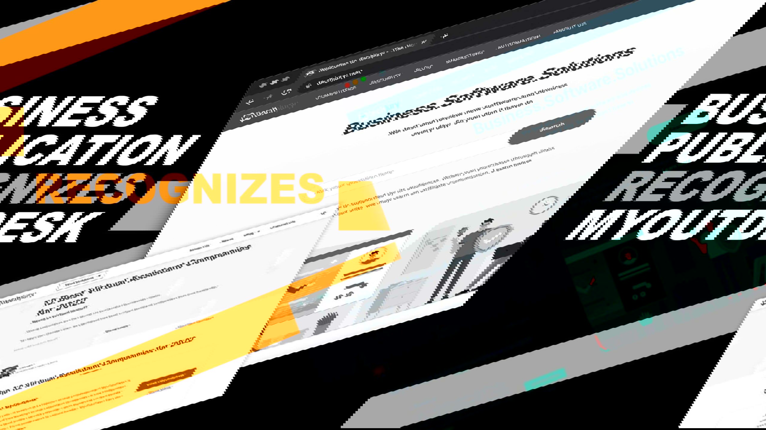 A digital collage showcases a computer screen displaying the Business Software Solutions website, with text overlay: Business Publication Recognizes MyOutDesk, the #1 place to go for virtual assistants. Orange and black diagonal stripes serve as the backdrop.