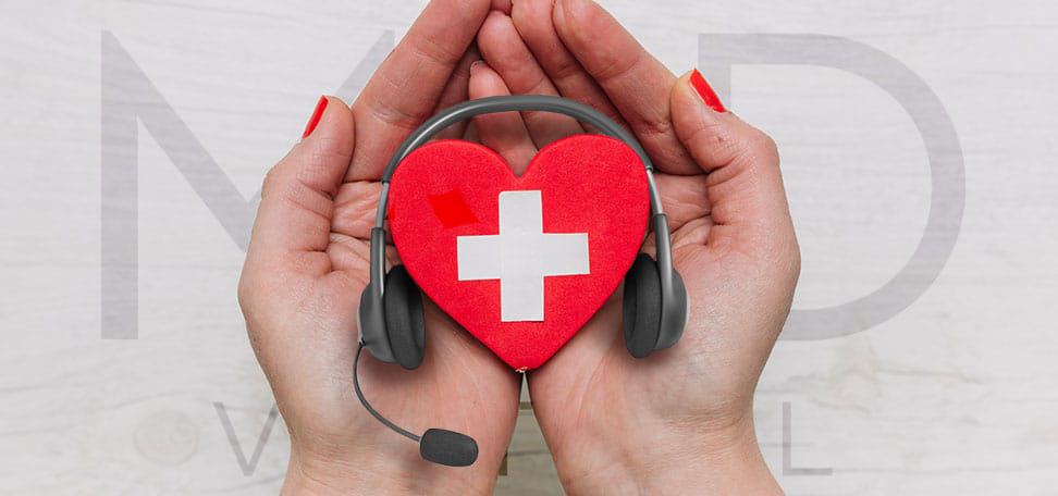 healthcare virtual assistant holding a hard with a headset around it in the hands