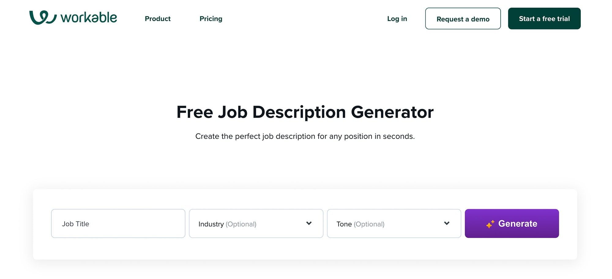 Screenshot of the Workable website’s Free Job Description Generator page, featuring fields for Job Title, Industry—including options like healthcare virtual assistants—and Tone, plus a purple “Generate” button and navigation at the top.