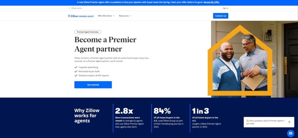 Screenshot of Zillow’s Premier Agent partner page. Two men, one with a clipboard, smile inside a house-shaped yellow outline. The page details benefits for Premier Agent partners and highlights top agent success using the best Real Estate CRM tools.