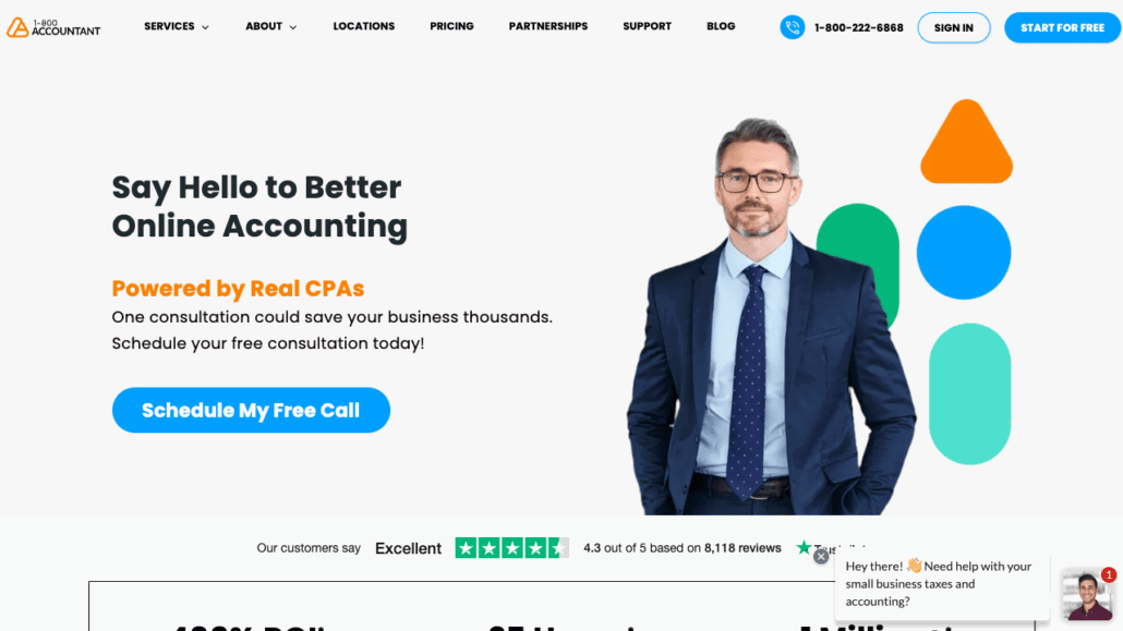 A confident professional in a suit stands on a website promoting online accounting services. Text highlights cost-saving consultations with real CPAs and offers a free call. With the best accounting assistants of 2025, a chat bubble suggests assistance with taxes and accounting.