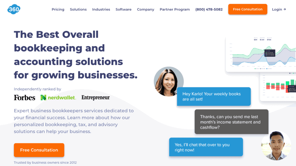 Promotional image for 360 bookkeeping services, showcasing the slogan The Best Overall bookkeeping and accounting solutions for growing businesses. Features charts, partner logos, and a chat exchange discussing weekly books and financial statements with our Best Accounting Virtual Assistants.
