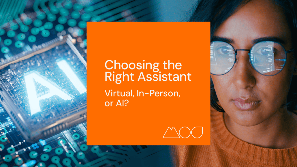 A split image shows a microchip labeled AI on the left and a woman wearing glasses reflecting data on the right. In the central orange box: Choosing the Right Assistant: Virtual, In-Person, or AI? Explore your options with an expert AI Assistant or a reliable Virtual Assistant.