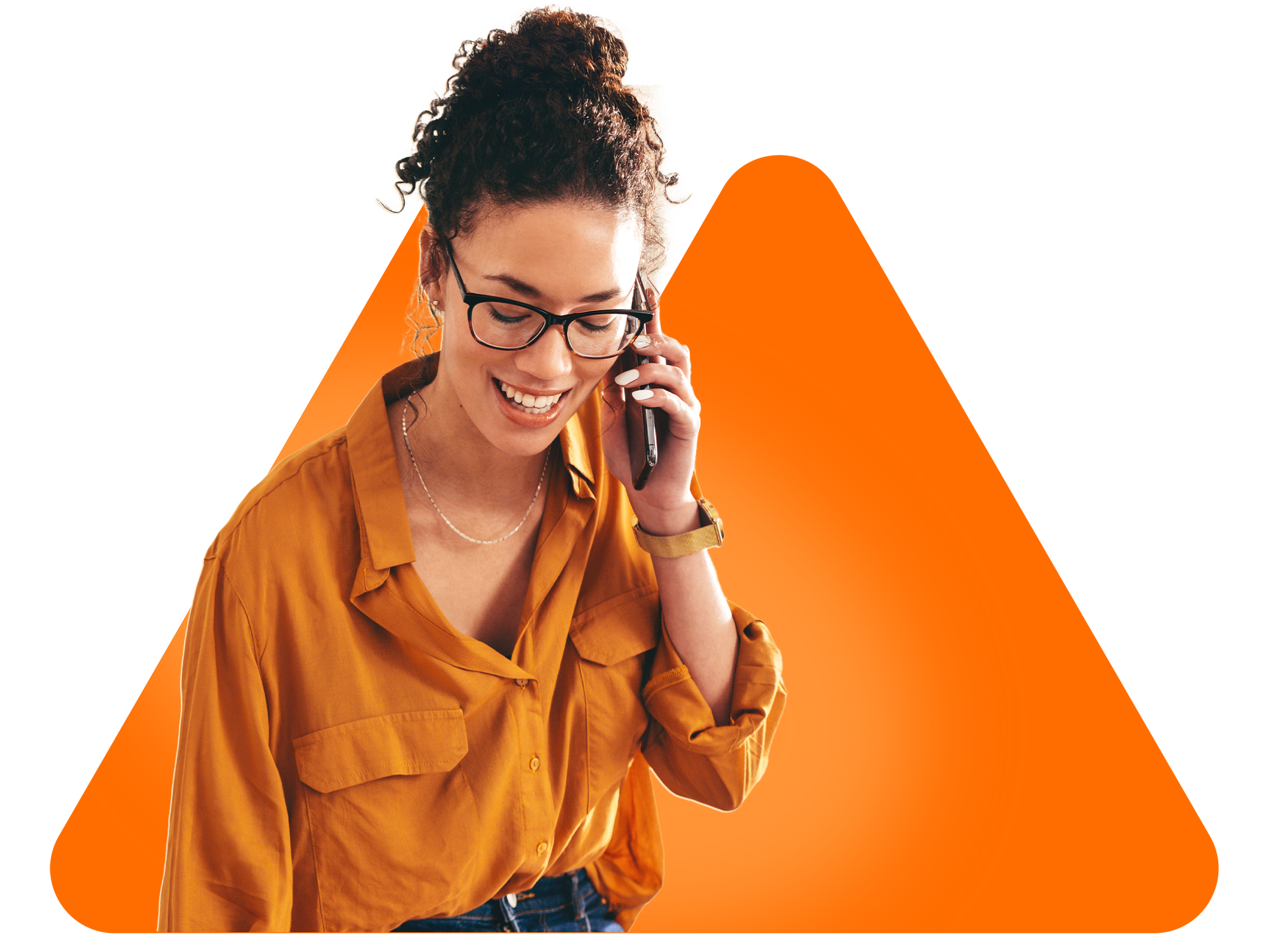 MyOutDesk Customer Service Virtual Assistant A young woman with glasses holding up a phone, smiling.