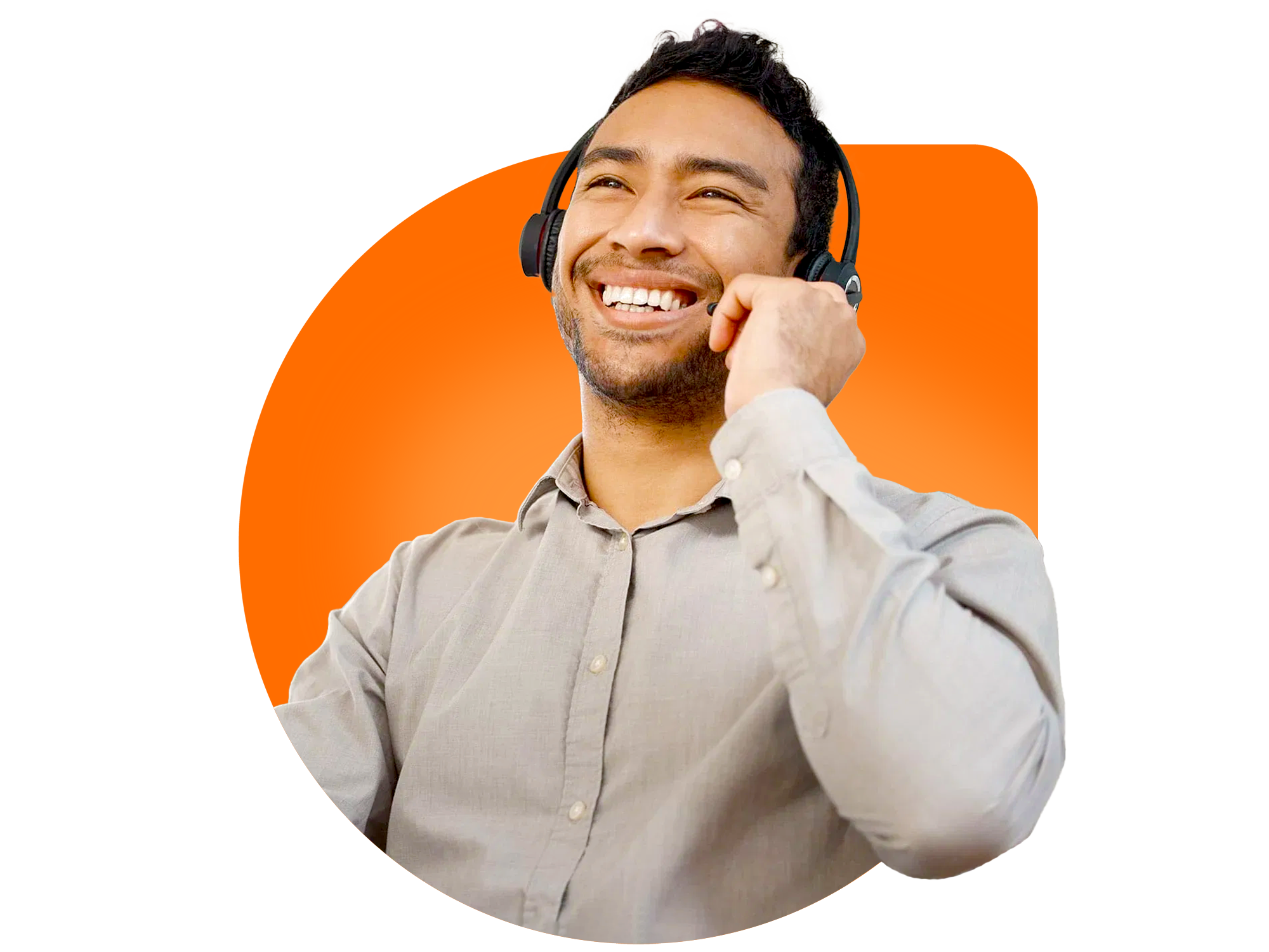 MyOutDesk Inside Sales Virtual Assistant Man smiling while wearing headset and adjusting microphone