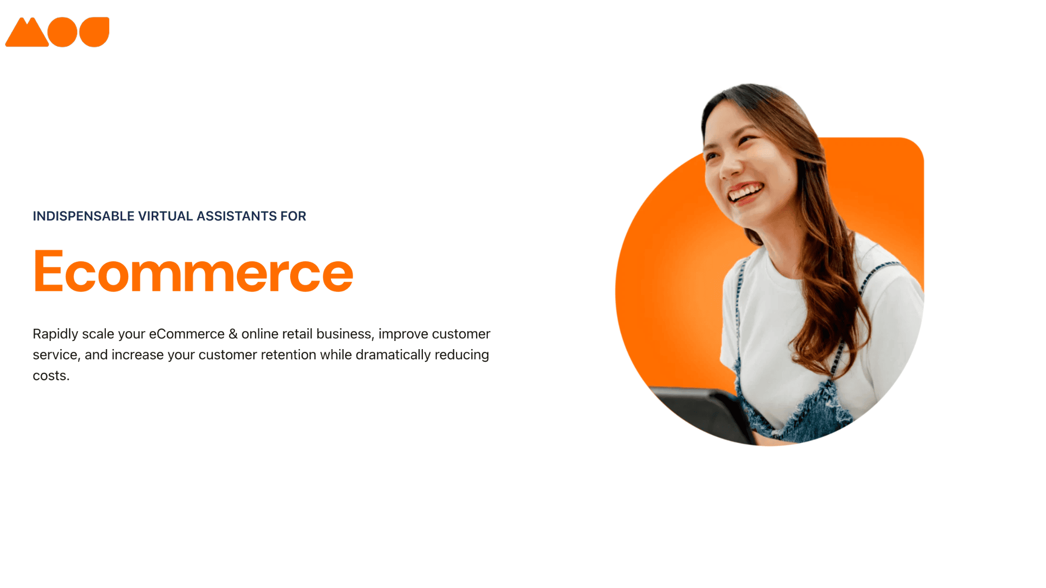A woman in a blue and white outfit smiles while holding a tablet. Text reads Indispensable Virtual Assistants for Ecommerce and discusses improving eCommerce business through customer service and cost reduction. Orange design accents are present.