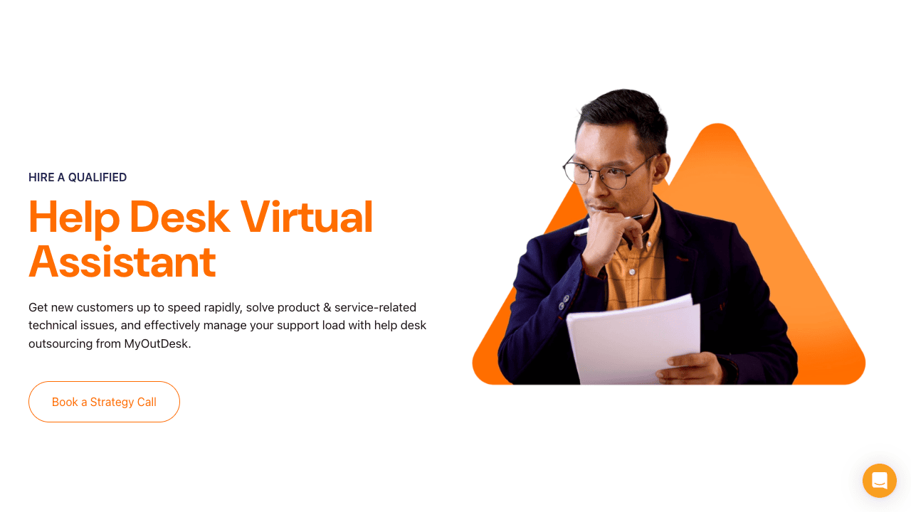 A man with earplugs holds a pen and paper, looking thoughtful. Text reads, Hire a Qualified Help Desk Virtual Assistant, promoting outsourced help desk support with MyOutDesk. A button says, Book a Strategy Call. The background features an orange triangle.