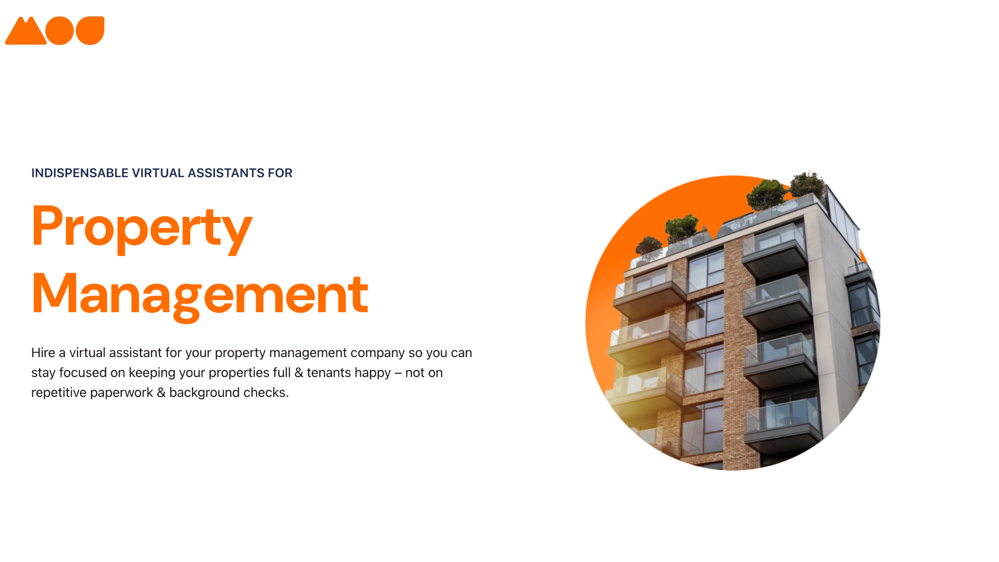 Image of a modern apartment building with text on the left. The text reads: Indispensable Virtual Assistants for Property Management. Hire a virtual assistant for your property management company so you can stay focused on keeping your properties full & tenants happy.