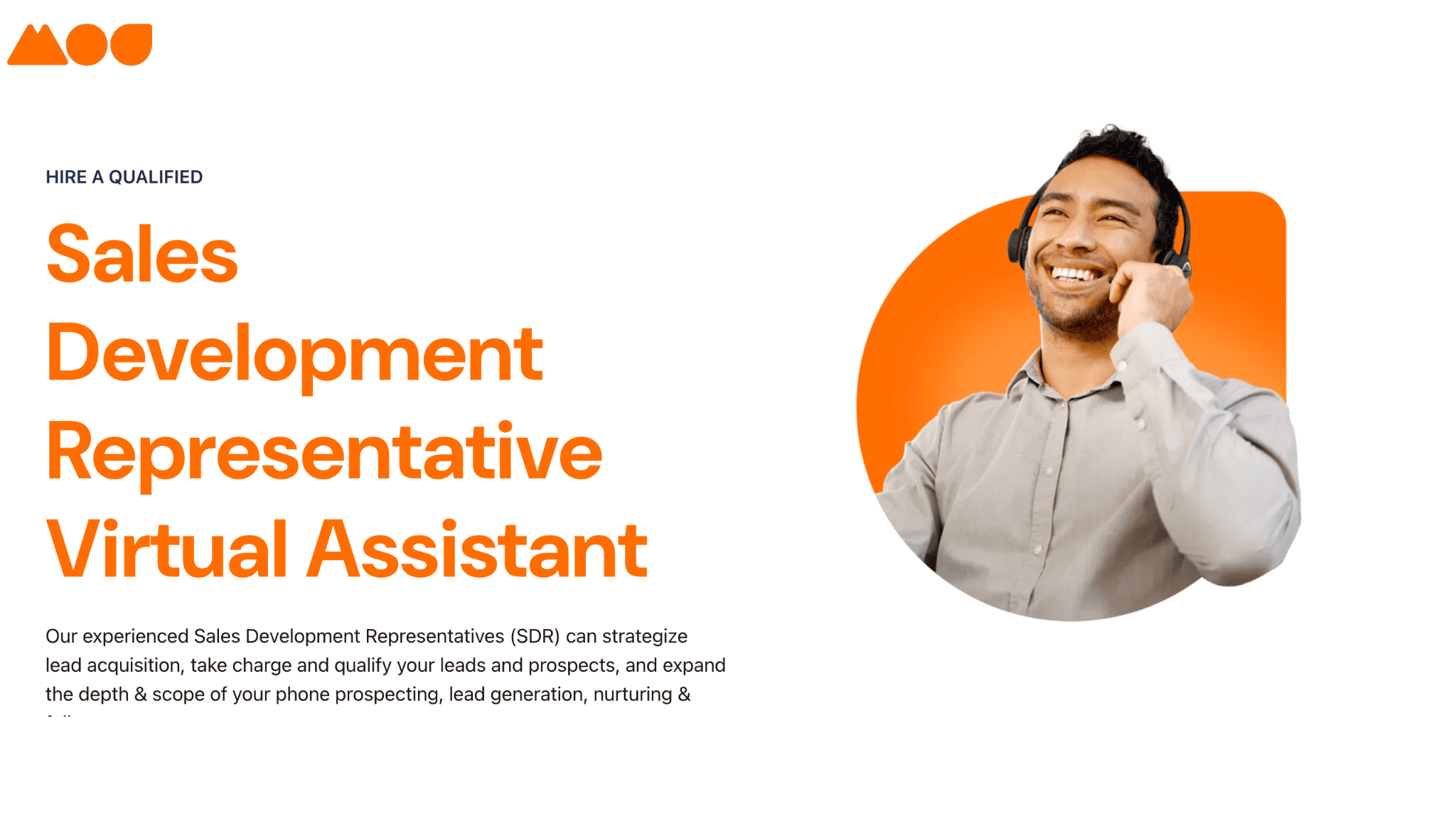 Image of a smiling man wearing a headset on the right. On the left, orange text reads Sales Development Representative Virtual Assistant, with a description about SDR roles below. Logo with MOU is at the top. White background.