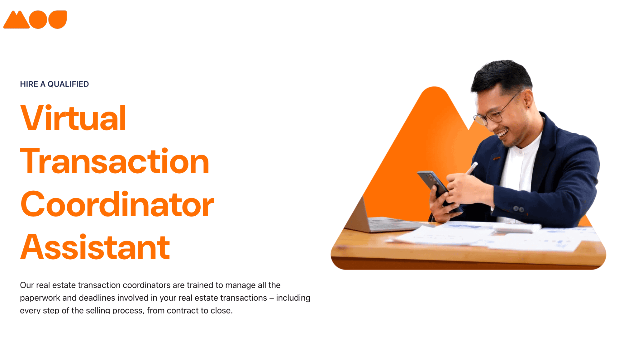 A man in a suit smiles while writing in a notebook, sitting at a desk with a laptop and papers. The text reads Hire a Qualified Virtual Transaction Coordinator Assistant with details about real estate transaction services.