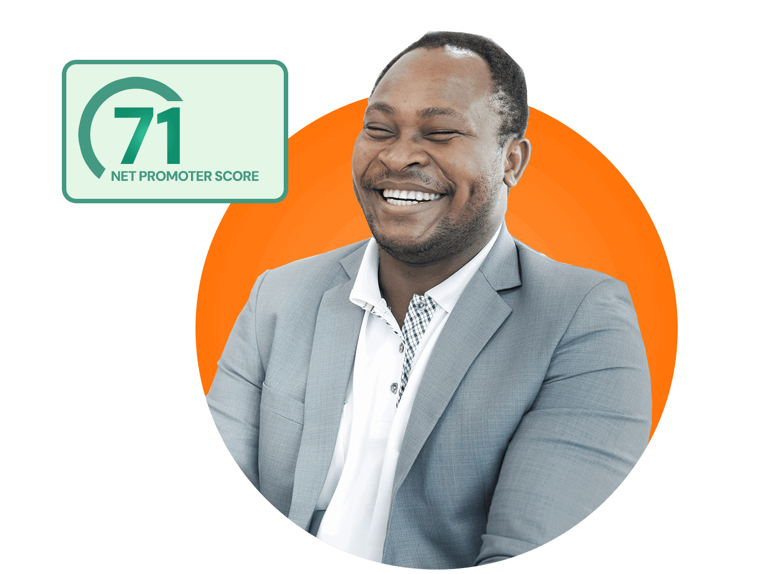 myoutdesk-review-score-nps A smiling man in a gray suit sits at a table. In the top left corner, a graphic displays a Net Promoter Score of 71, reflecting positive myoutdesk customer reviews. The background features an orange geometric shape.