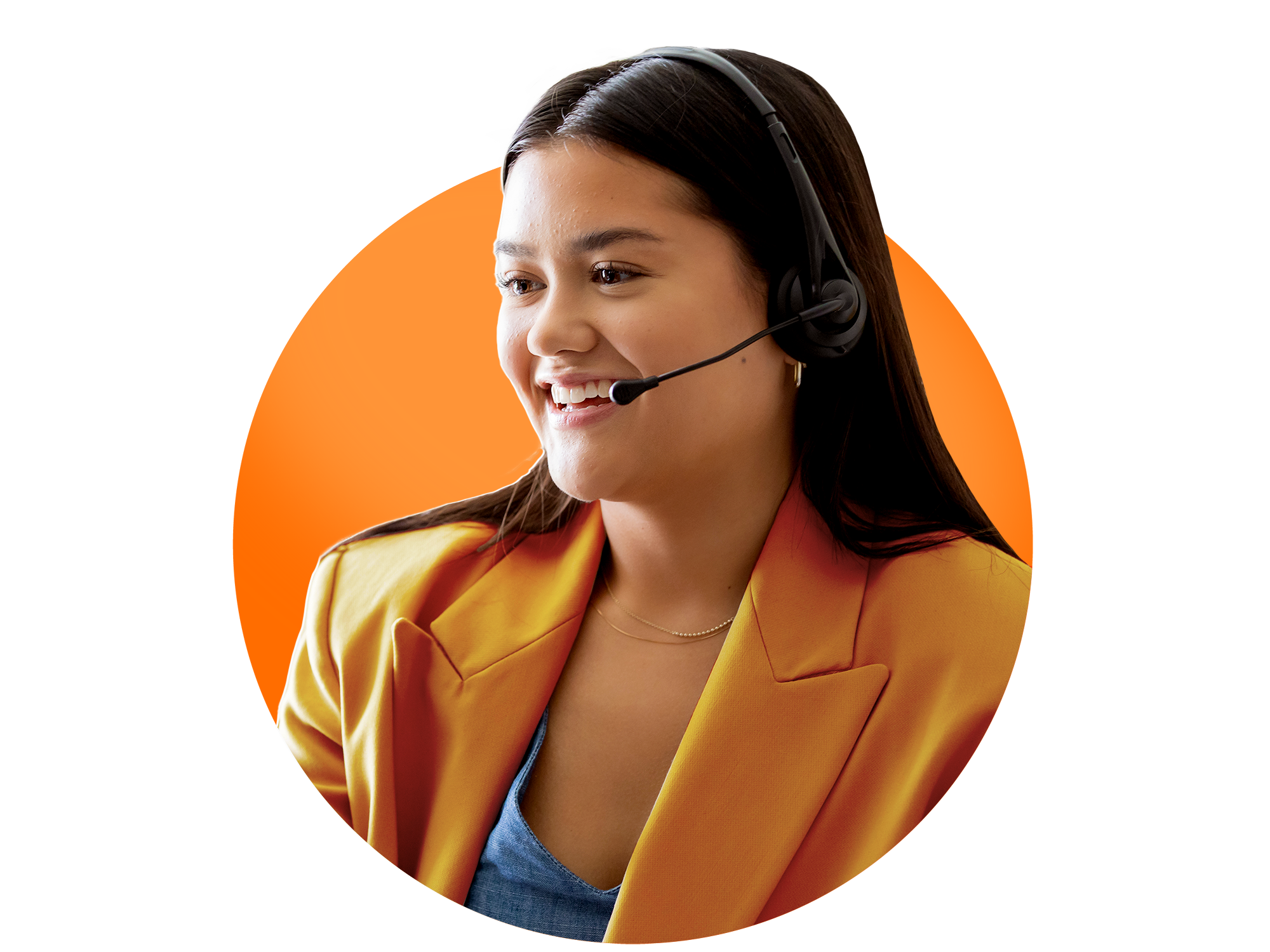 MyOutDesk Virtual Receptionist A young woman wearing a headset, speaking to a client while smiling.