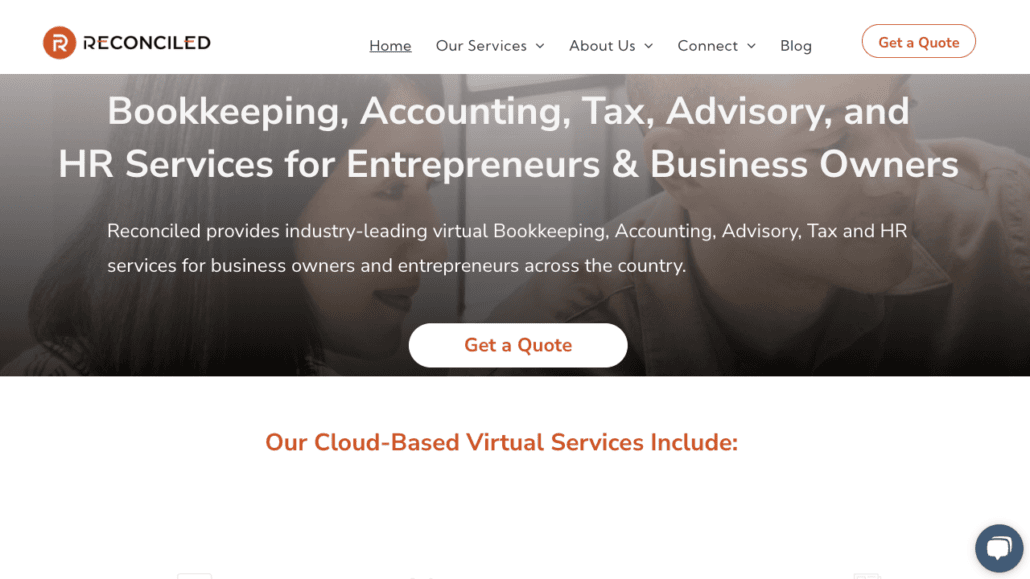 The website screenshot showcases Reconcileds services, including bookkeeping, accounting, tax, advisory, and HR support for entrepreneurs. With a Get a Quote button and cloud-based offerings like Accounting Virtual Assistants, its perfect for business owners seeking expert help.